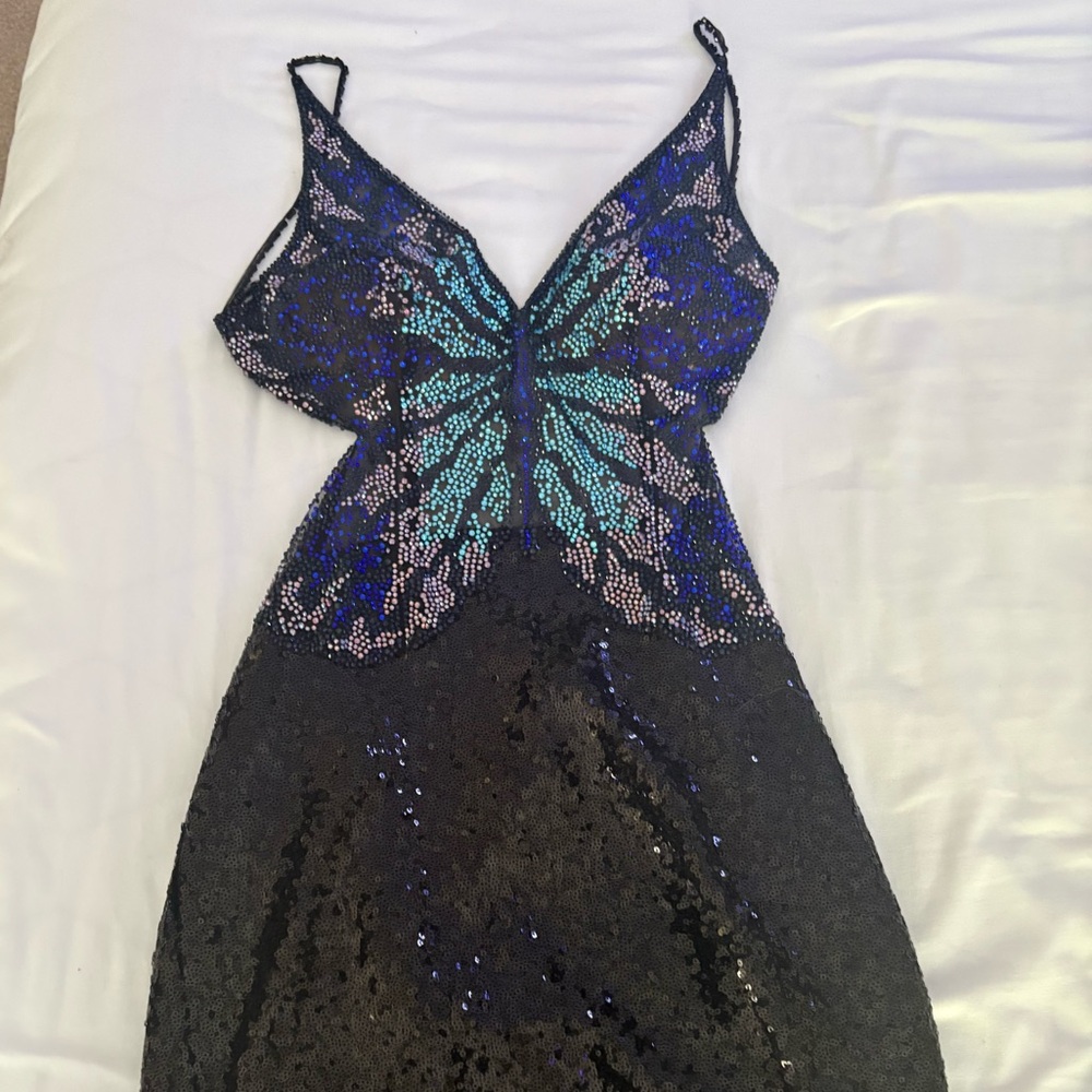 Jovani Black and Blue Butterfly Sequin Hoco/Cocktail Dress